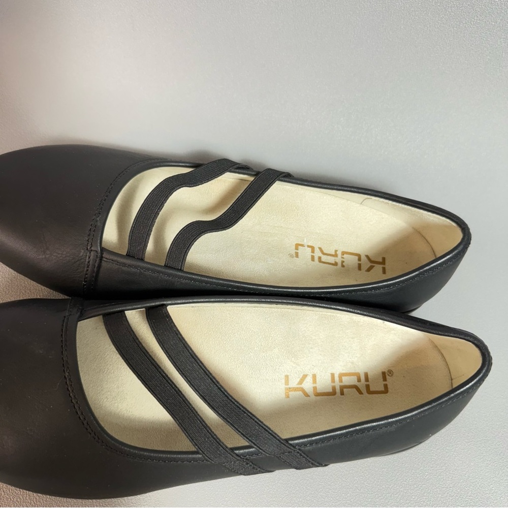 KURU Bella Black Leather Elastic Strap Mary Jane Ballet Flats - Picture 8 of 12